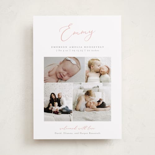 This is a blush birth announcements with standard by Sarah Brown called namely printing on smooth signature in standard