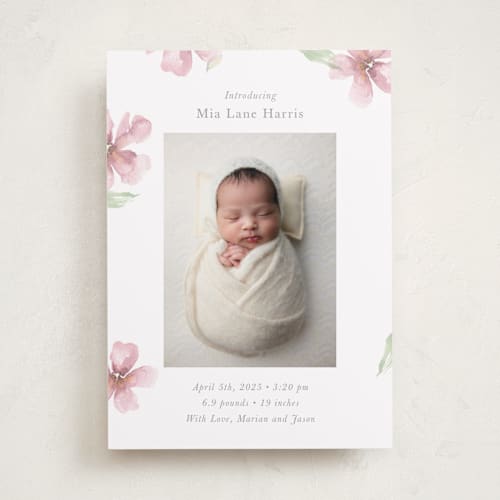 This is a petals birth announcements with standard by Melinda Denison called flower petals printing on smooth signature in standard