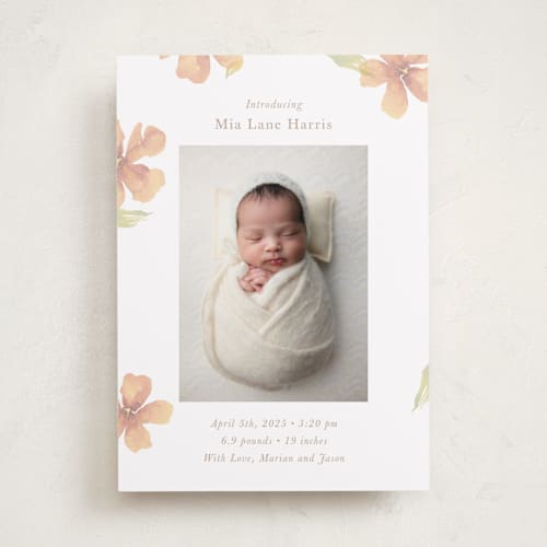 This is a peach birth announcements with standard by Melinda Denison called flower petals printing on recycled smooth signature in standard