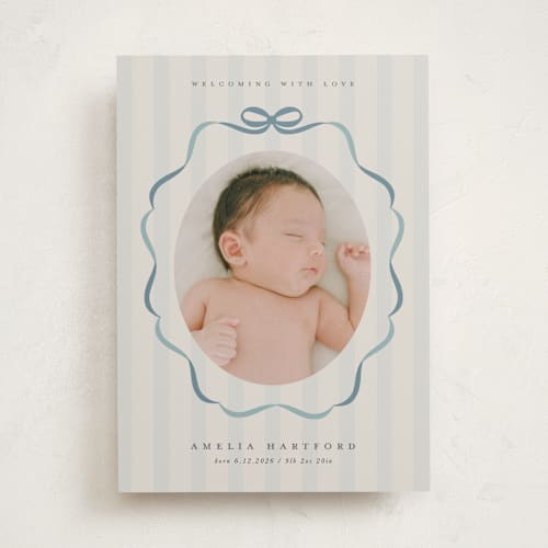 This is a lagoon birth announcements with standard by Lori Wemple called bows and stripes printing on smooth signature in standard