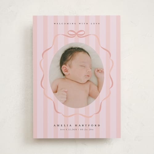 This is a peach birth announcements with standard by Lori Wemple called bows and stripes printing on recycled smooth signature in standard
