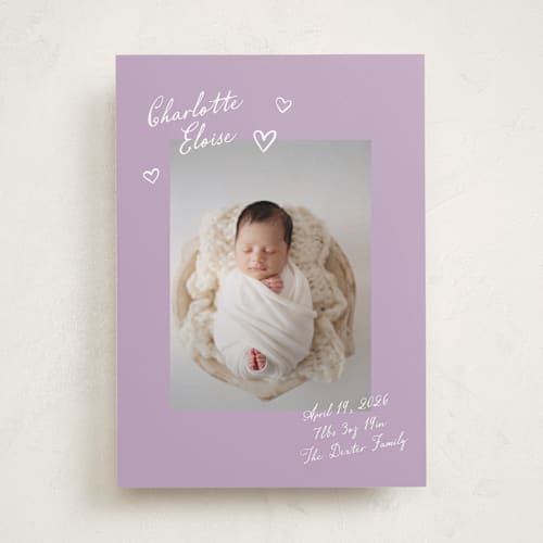 This is a plum birth announcements with standard by Pixel and Hank called written printing on smooth signature in standard
