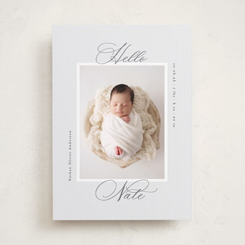 This is a mist birth announcements with standard by Gwen Bedat called sweet stripes printing on recycled smooth signature in standard