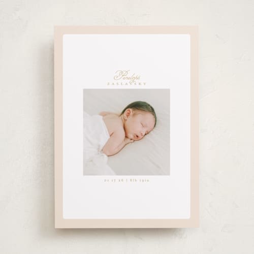 This is a peachy birth announcements with standard by Phrosné Barwood called soft frame printing on smooth signature in standard