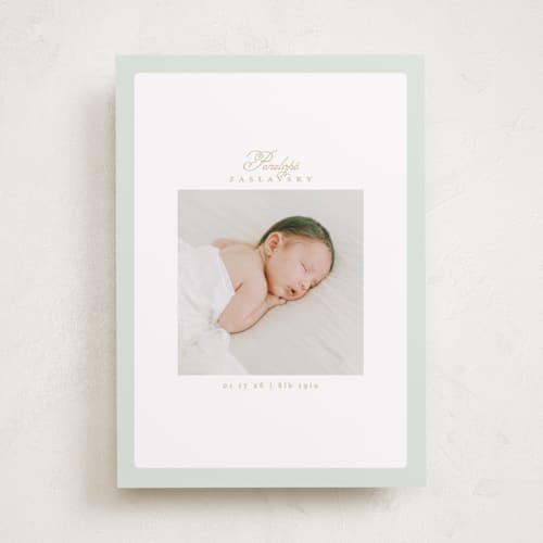 This is a minty birth announcements with standard by Phrosné Barwood called soft frame printing on recycled smooth signature in standard