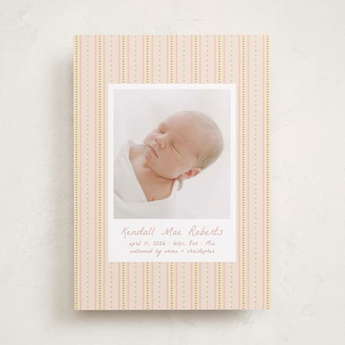 This is a blush birth announcements with standard by Ellen Schlegelmilch called patterned stripes printing on smooth signature in standard