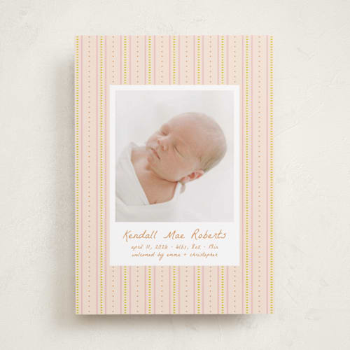 This is a peach birth announcements with standard by Ellen Schlegelmilch called patterned stripes printing on recycled smooth signature in standard