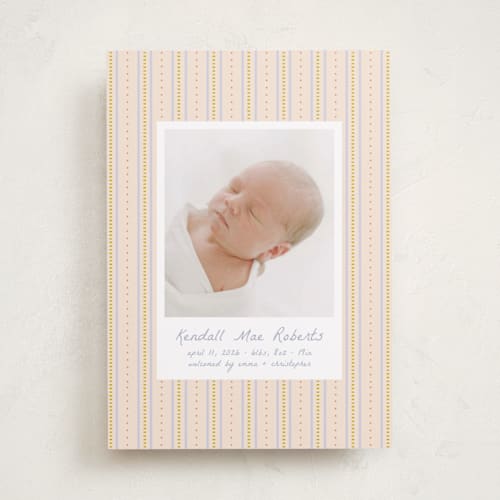 This is a periwinkle birth announcements with standard by Ellen Schlegelmilch called patterned stripes printing on smooth signature in standard