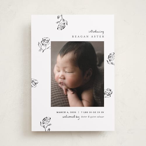 This is a lily of the valley birth announcements with standard by Pixel and Hank called the flora printing on recycled smooth signature in standard