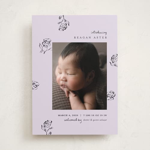 This is a grape birth announcements with standard by Pixel and Hank called the flora printing on smooth signature in standard