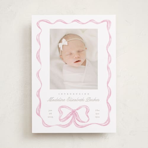 This is a peony birth announcements with standard by Creo Study called squiggle bow printing on smooth signature in standard