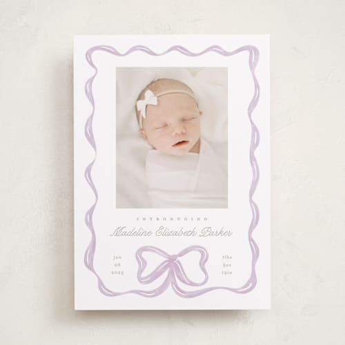 This is a acai birth announcements with standard by Creo Study called squiggle bow printing on smooth signature in standard