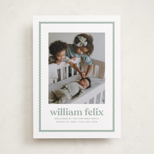 This is a basil birth announcements with standard by Lea Delaveris called first impression printing on recycled smooth signature in standard