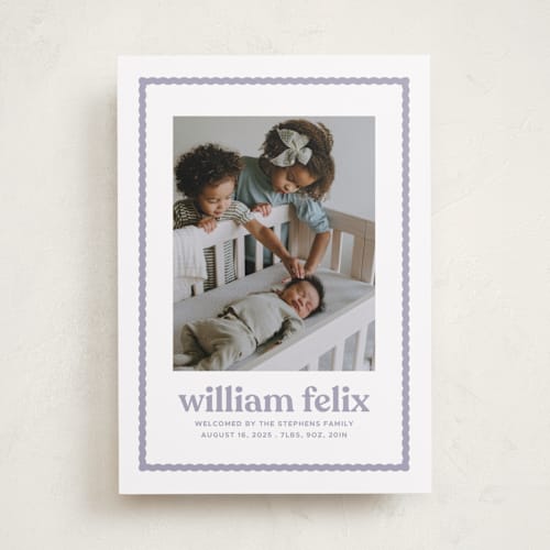 This is a lilac birth announcements with standard by Lea Delaveris called first impression printing on smooth signature in standard