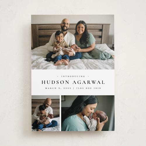 This is a noir birth announcements with standard by Wildfield Paper Co called quartzite printing on smooth signature in standard
