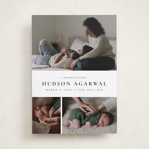 This is a noir birth announcements with standard by Wildfield Paper Co called quartzite printing on recycled smooth signature in standard