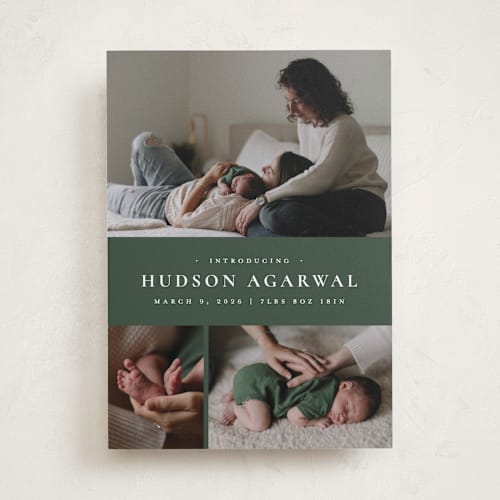 This is a eucalyptus birth announcements with standard by Wildfield Paper Co called quartzite printing on recycled smooth signature in standard