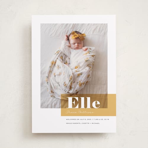 This is a marigold birth announcements with standard by Maria Hilas-Louie called magazine block printing on smooth signature in standard
