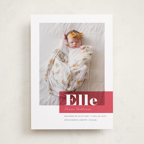 This is a strawberry birth announcements with standard by Maria Hilas-Louie called magazine block printing on recycled smooth signature in standard
