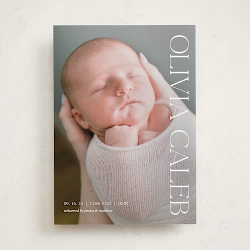 This is a snow birth announcements with standard by Elan Studio called newest addition printing on smooth signature in standard