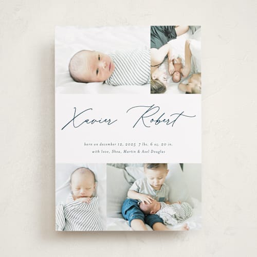 This is a lake birth announcements with standard by Stacey Meacham called modern scribe printing on smooth signature in standard