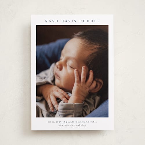 This is a cobalt birth announcements with standard by Stacey Meacham called simple name printing on recycled smooth signature in standard