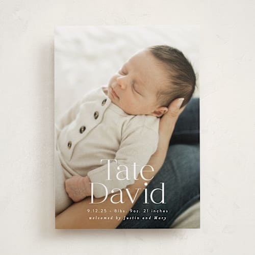 This is a cloud birth announcements with standard by Alethea and Ruth called stacked name printing on smooth signature in standard