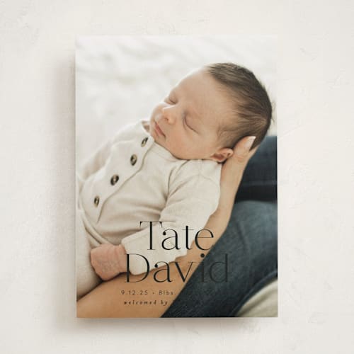 This is a ebony birth announcements with standard by Alethea and Ruth called stacked name printing on recycled smooth signature in standard