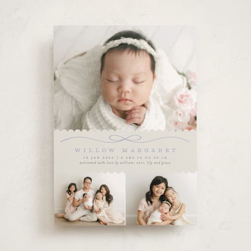 This is a periwinkle birth announcements with standard by Laura Hankins called scallops printing on smooth signature in standard