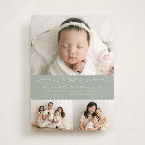 This is a fog birth announcements with standard by Laura Hankins called scallops printing on recycled smooth signature in standard