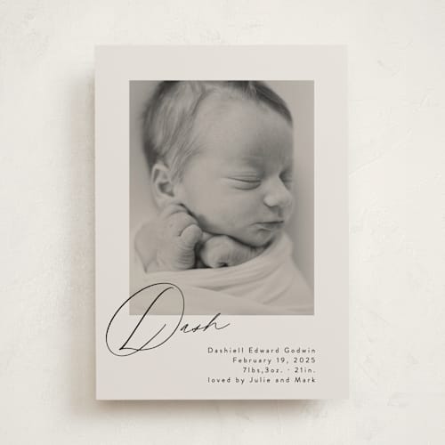 This is a vanilla birth announcements with standard by Olivia Raufman called dashing printing on smooth signature in standard