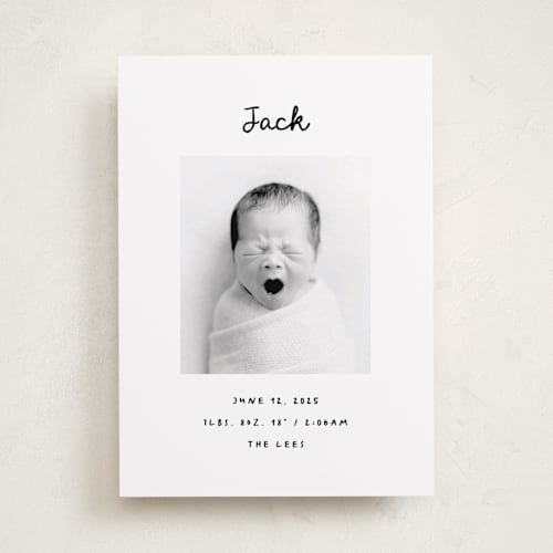 This is a snow birth announcements with standard by AK Graphics called cursive printing on smooth signature in standard