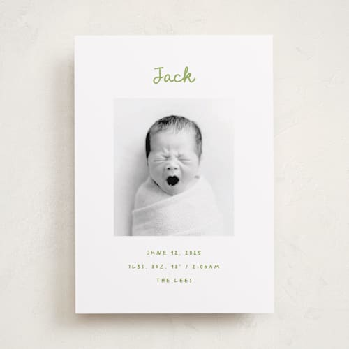 This is a greenery birth announcements with standard by AK Graphics called cursive printing on smooth signature in standard