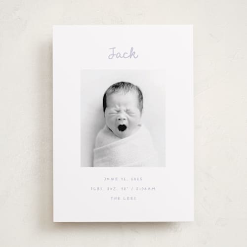 This is a lavender birth announcements with standard by AK Graphics called cursive printing on smooth signature in standard