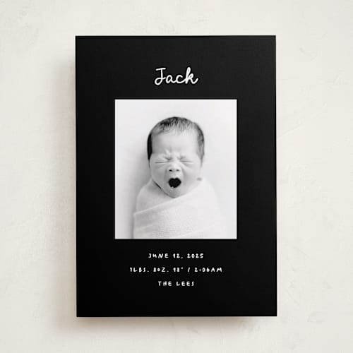 This is a noir birth announcements with standard by AK Graphics called cursive printing on smooth signature in standard