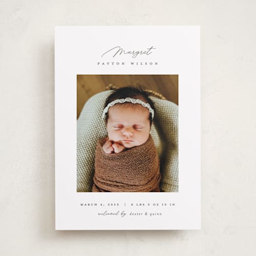 This is a pearl birth announcements with standard by Pixel and Hank called simply lovely printing on smooth signature in standard