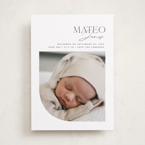 This is a snow birth announcements with standard by Erin Deegan called modern arc printing on smooth signature in standard