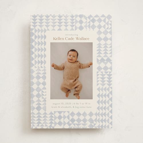 This is a bluebell birth announcements with standard by Julie Murray called patchwork printing on smooth signature in standard