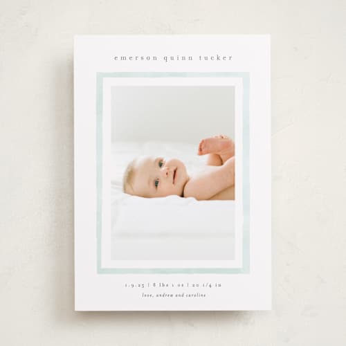 This is a mint birth announcements with standard by Lauren Chism called golightly printing on recycled smooth signature in standard