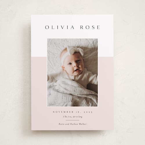 This is a peony birth announcements with standard by Kasia Labocki called cherished printing on recycled smooth signature in standard