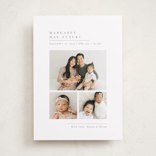 This is a onyx birth announcements with standard by Meggy Masters called minimal triad printing on recycled smooth signature in standard