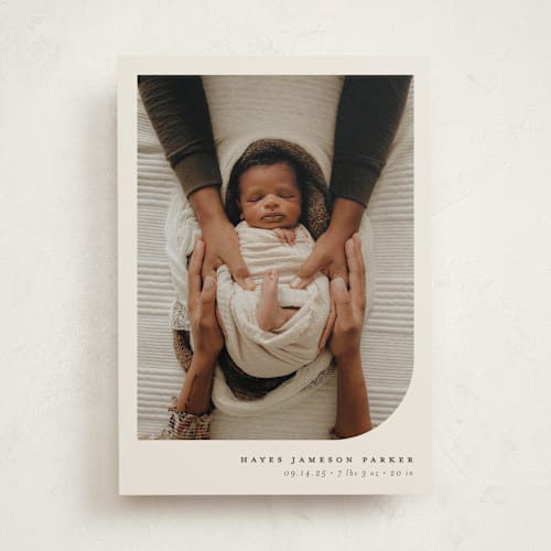 This is a almond birth announcements with standard by Brianne Larsen called simple photo printing on recycled smooth signature in standard