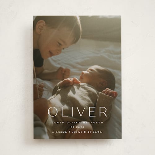 This is a dew birth announcements with standard by Sara Hicks Malone called moondance printing on recycled smooth signature in standard