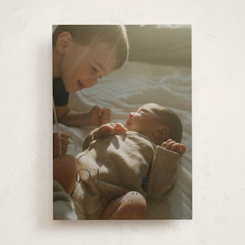 This is a dusk birth announcements with standard by Sara Hicks Malone called moondance printing on recycled smooth signature in standard