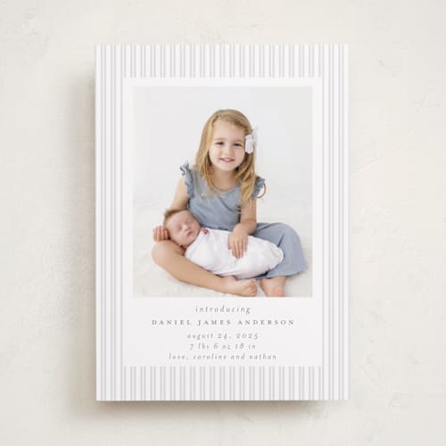 This is a mist birth announcements with standard by Jennifer Holbrook called pinstripe frame printing on recycled smooth signature in standard