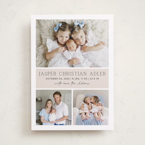 This is a cream birth announcements with standard by Vanessa Doyle called color block printing on recycled smooth signature in standard