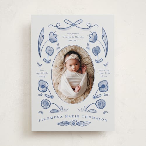 This is a delft blue birth announcements with standard by Ani Somi called painted flowers printing on smooth signature in standard