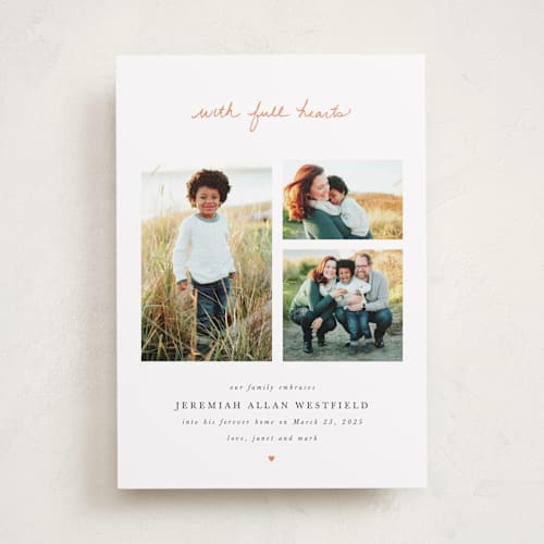 This is a tangerine birth announcements with standard by Lisa Assenmacher called with full hearts printing on recycled smooth signature in standard