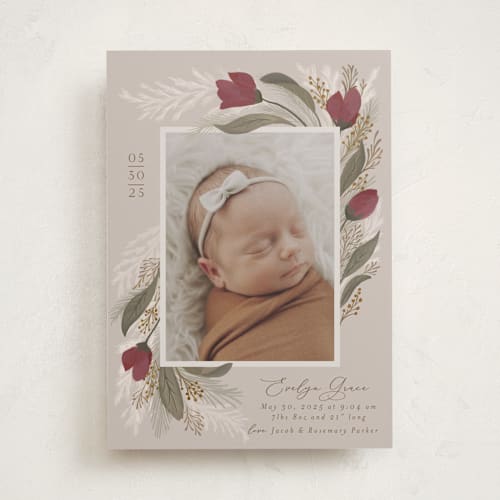 This is a mulberry birth announcements with standard by Joanna Griffin called boho bouquet printing on recycled smooth signature in standard