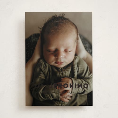 This is a charcoal birth announcements with standard by Snow and Ivy called meet me printing on recycled smooth signature in standard